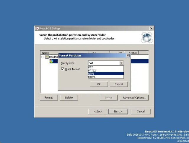 ReactOS: Σημαντικό τεχνολογικό ορόσημο με υποστήριξη εγκατάστασης σε σύστημα αρχείων NTFS